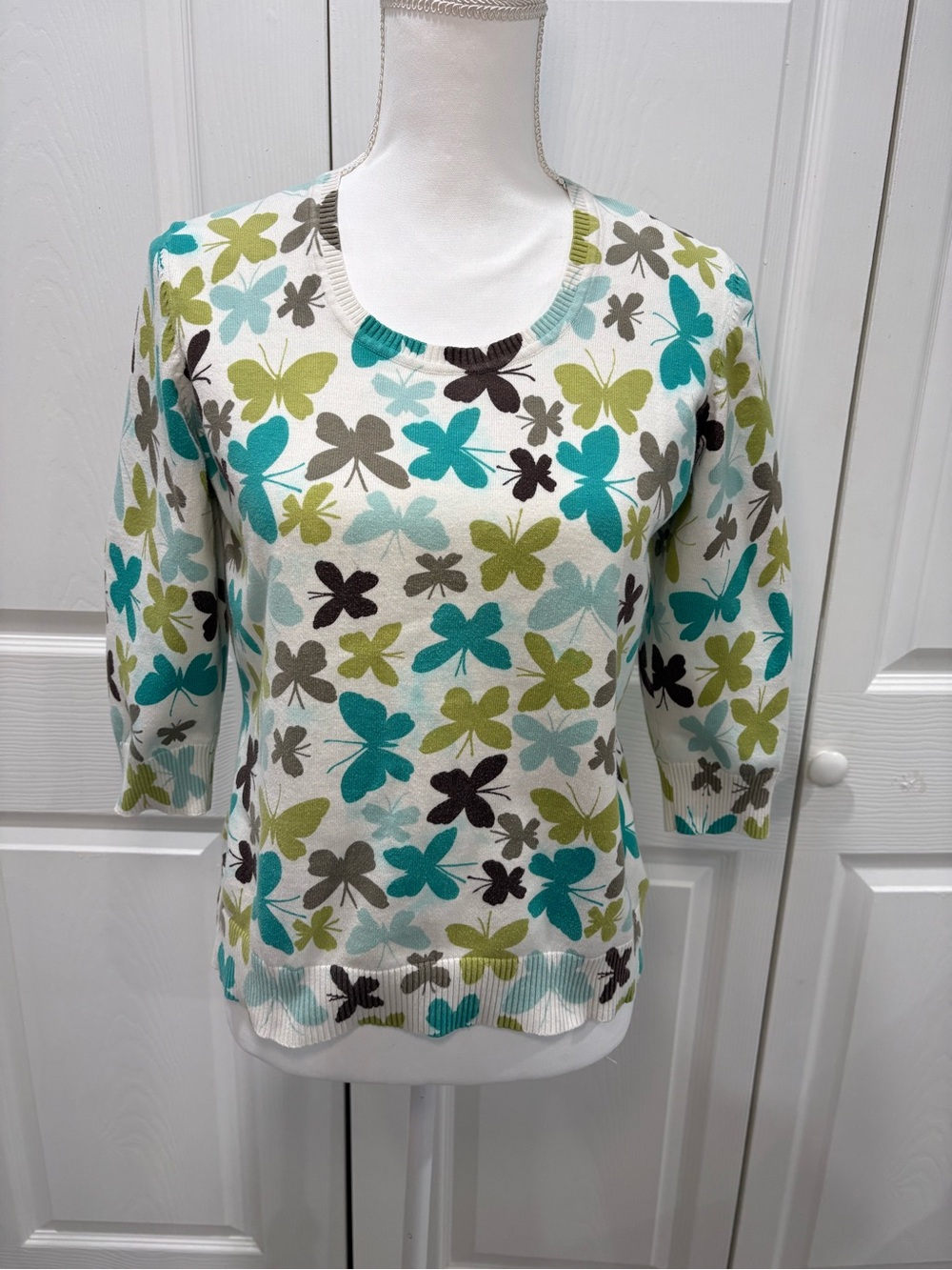 Lands' End Cream Sweater with Teal and Olive Butterfly Print